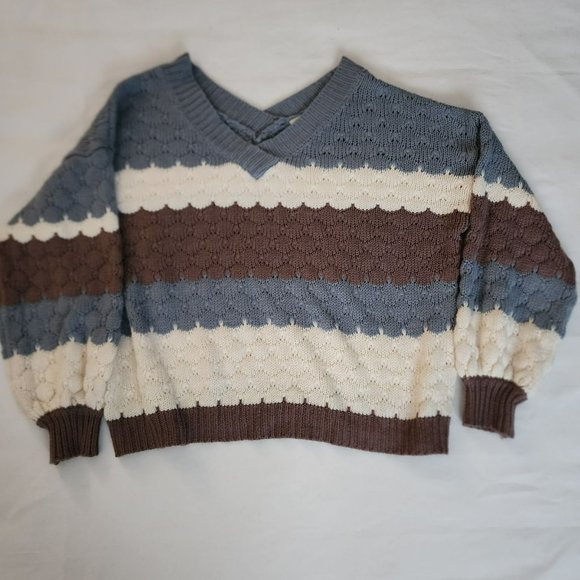 Listicle Womens Cable Knit Drop Shoulder Pullover Sweater Blue/White/Brown Small - Picture 8 of 9